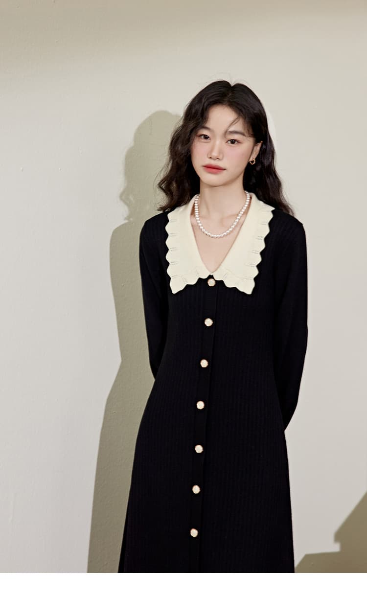 ロングワンピース フリル襟レトロニットワンピース