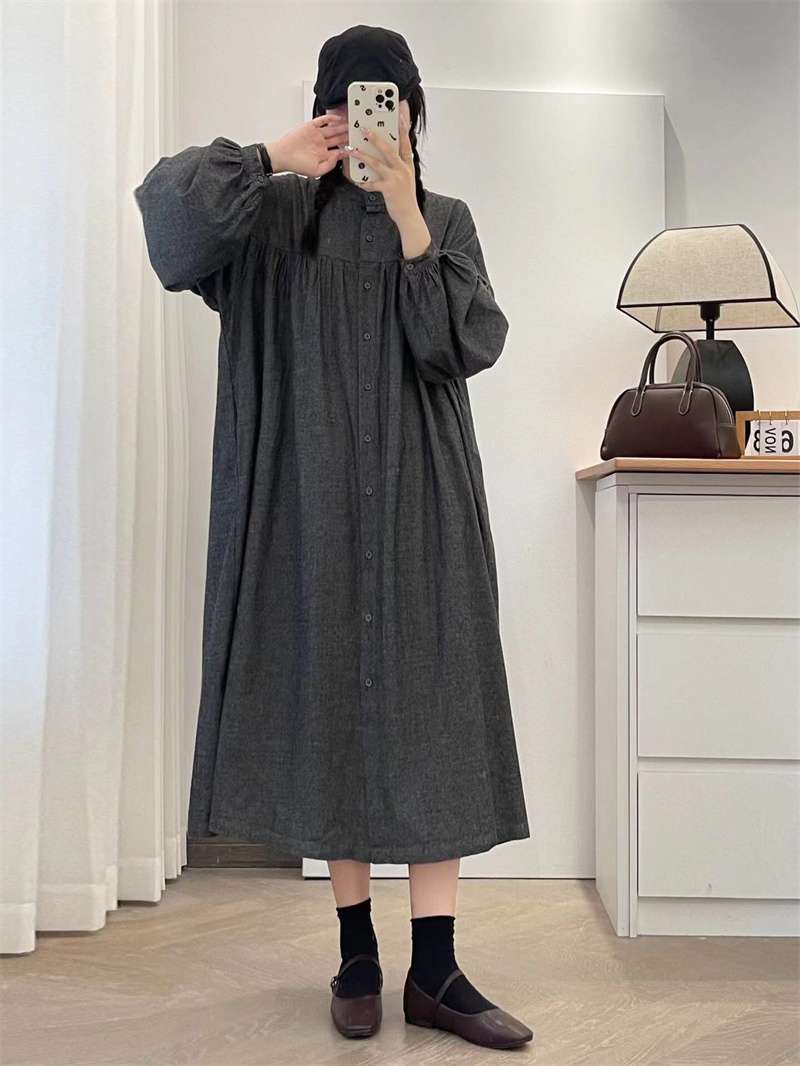 ロングワンピース ギャザーフリル襟 シャーリング ロングワンピース