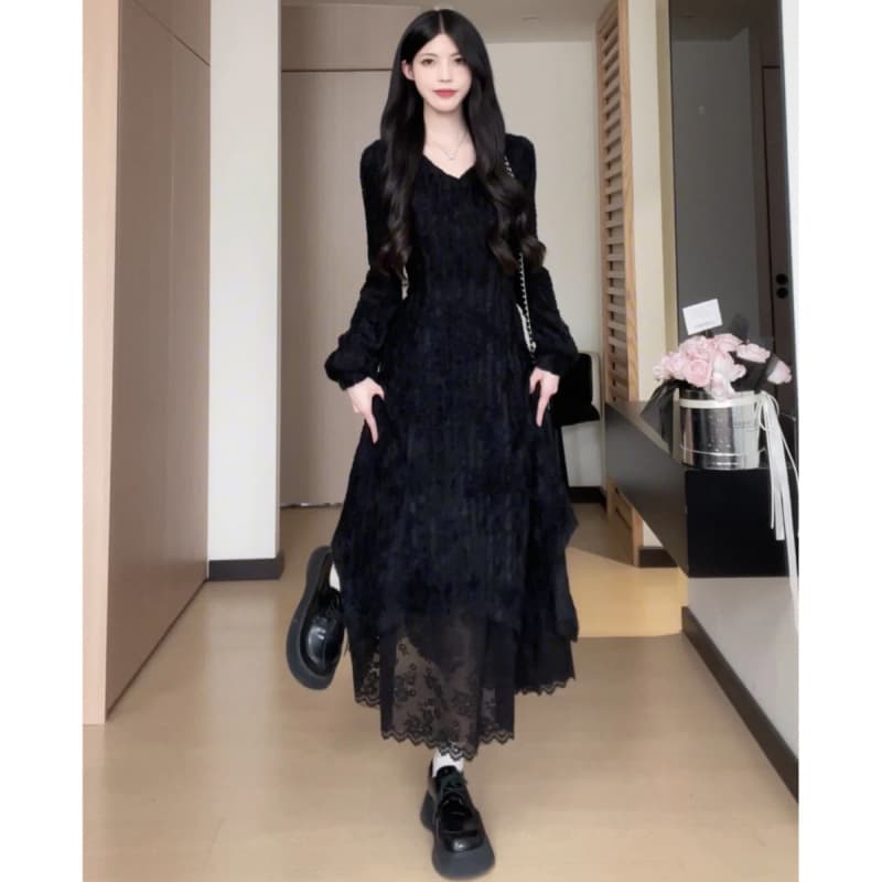 ロングワンピース レース付きプリンセスマキシワンピース