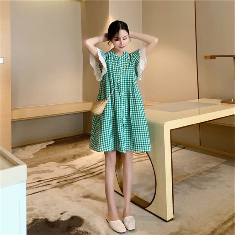 ロングワンピース 緑色格子柄シャツワンピース上品ゆったり袖フリル付き