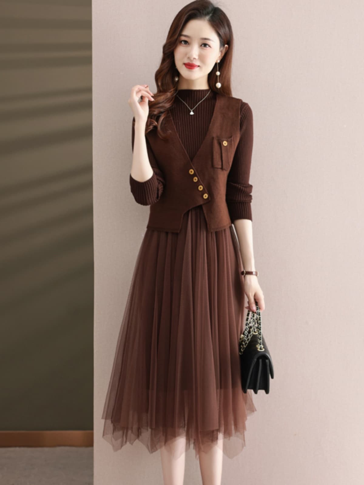 ロングワンピース チュール重ね メッシュニット セットアップ