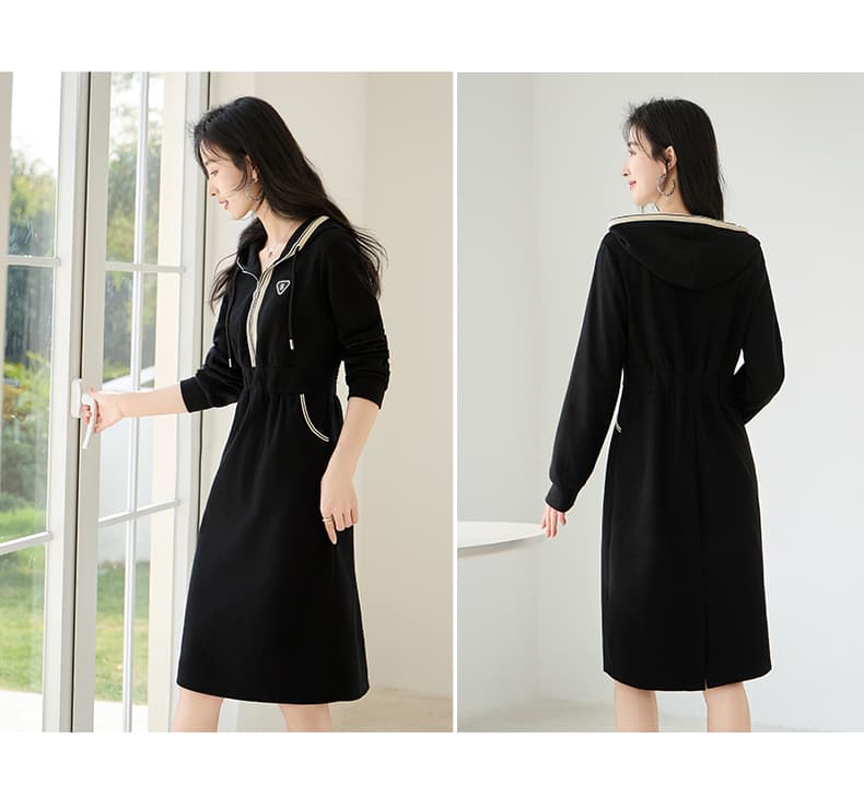ロングワンピース スウェット ハーフジップ フード付きロングワンピース