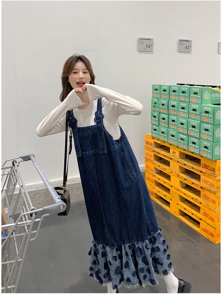 ロングワンピース ハートフリルデニムサロペットワンピース