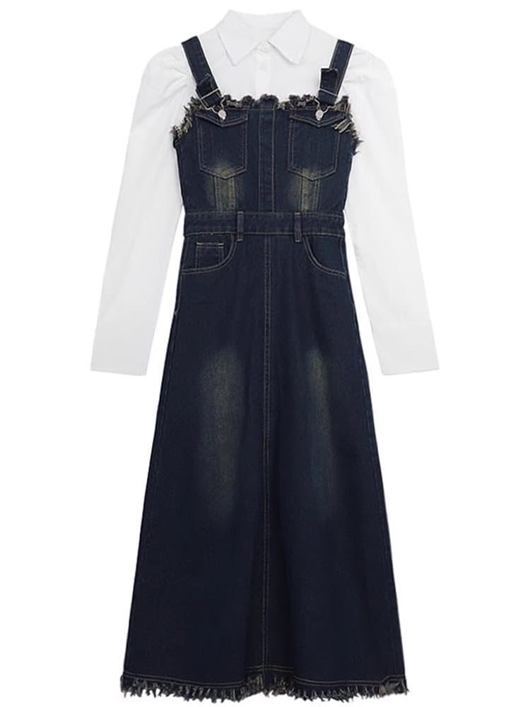 ロングワンピース ギャザーフリル デニムサロペットワンピース