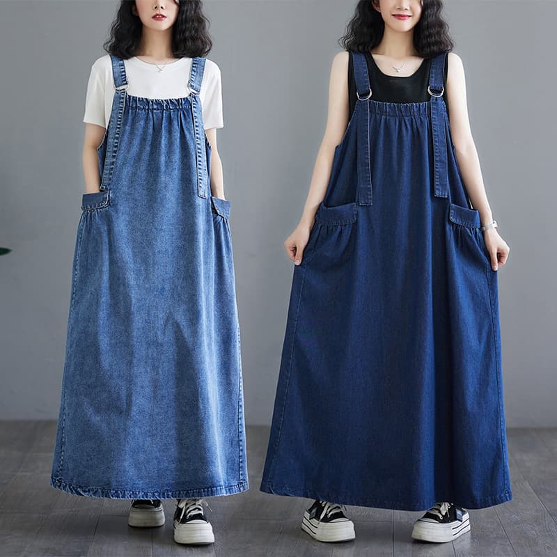 ロングワンピース ゆったりデニムサロペットワンピース