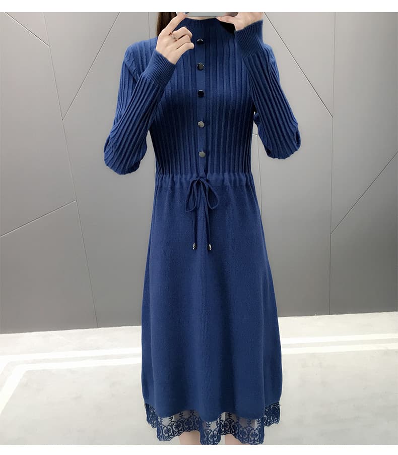 ロングワンピース レース付きリブニット ハイネックワンピース