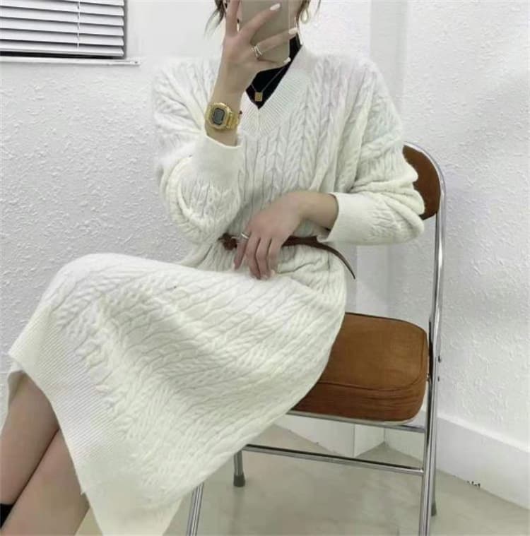 大きいサイズ ケーブル編み ニット ロングワンピース 秋冬 長袖