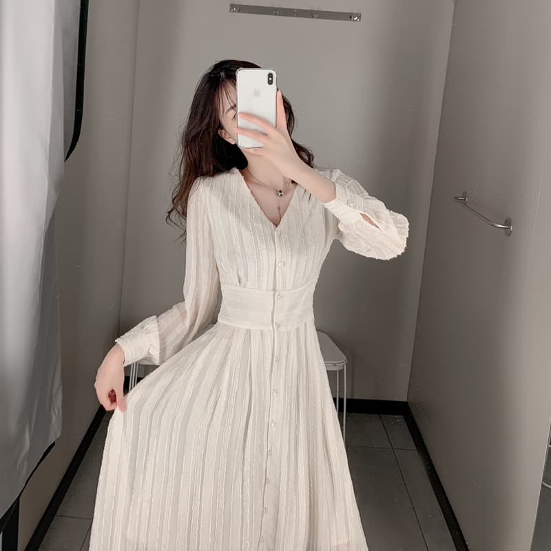 ロングワンピース シャツ ウエストマーク付きパフスリーブシャツワンピース