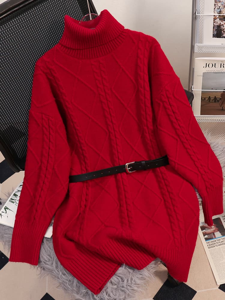 ワンピース ニット ケーブル編みタートルネックワンピース