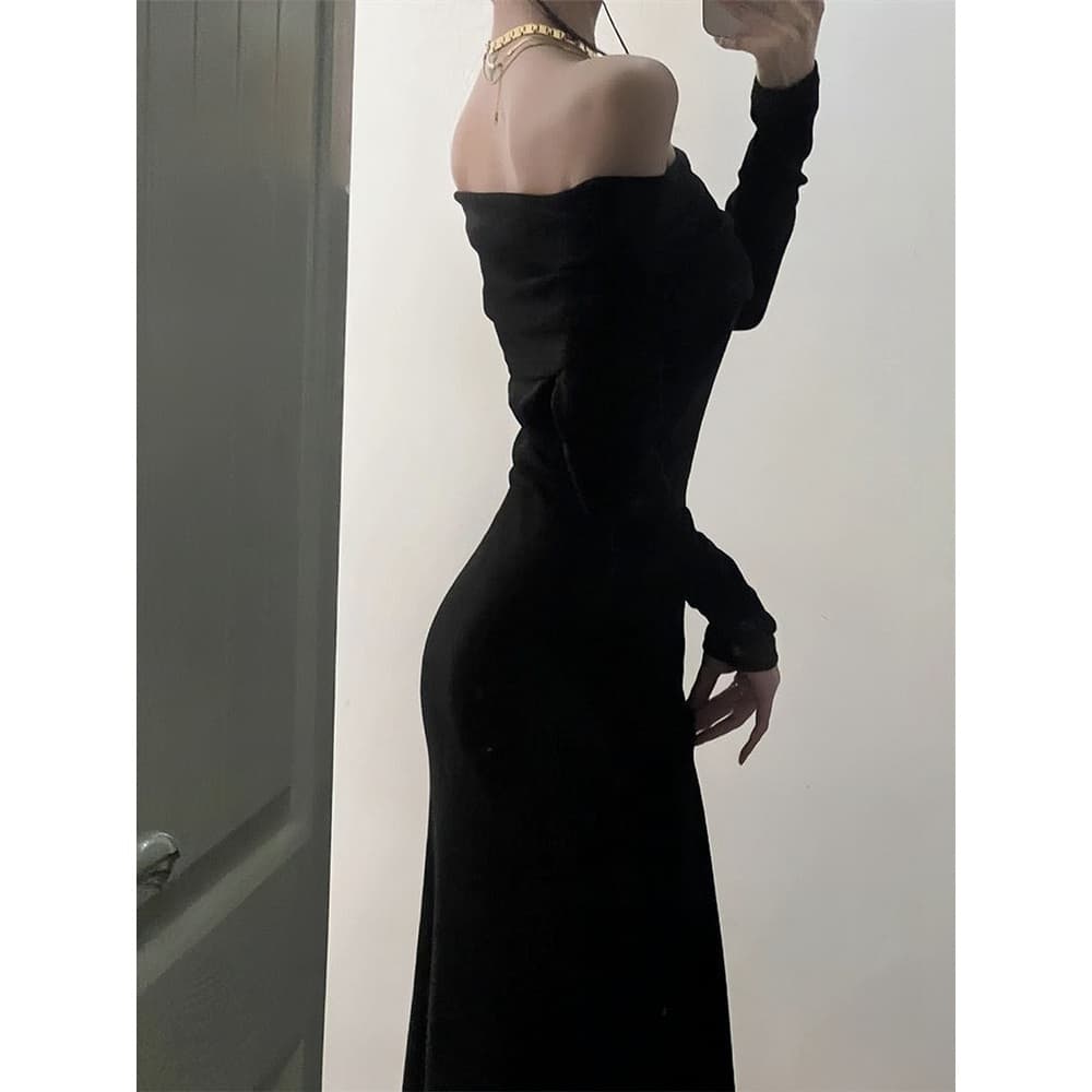 ロングワンピース ニット シンプル オフショルダー リブニット ワンピース