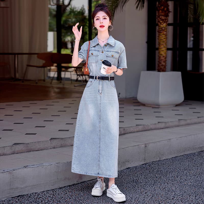 ロングワンピース デニム カジュアル襟付きロングデニムワンピース
