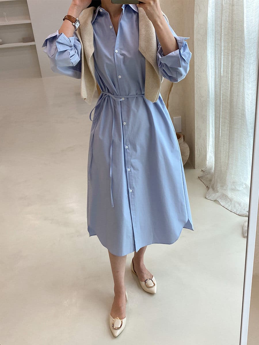 ロングワンピース シャツ 袖リボンデザインウエストマークシャツワンピース