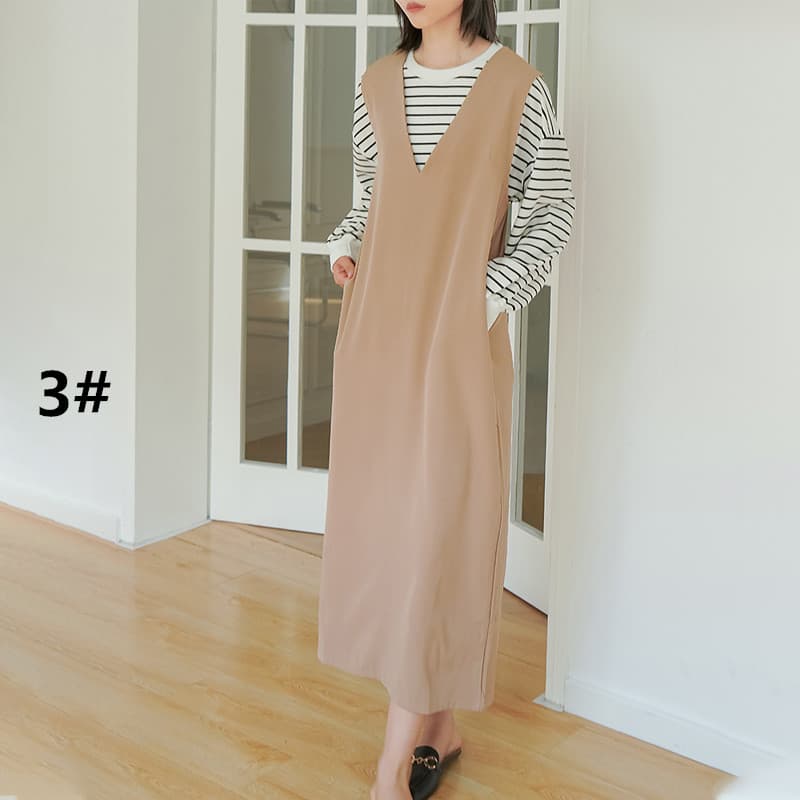 ロングワンピース 人気ノースリーブロング丈ワンピース深Vネックレディース