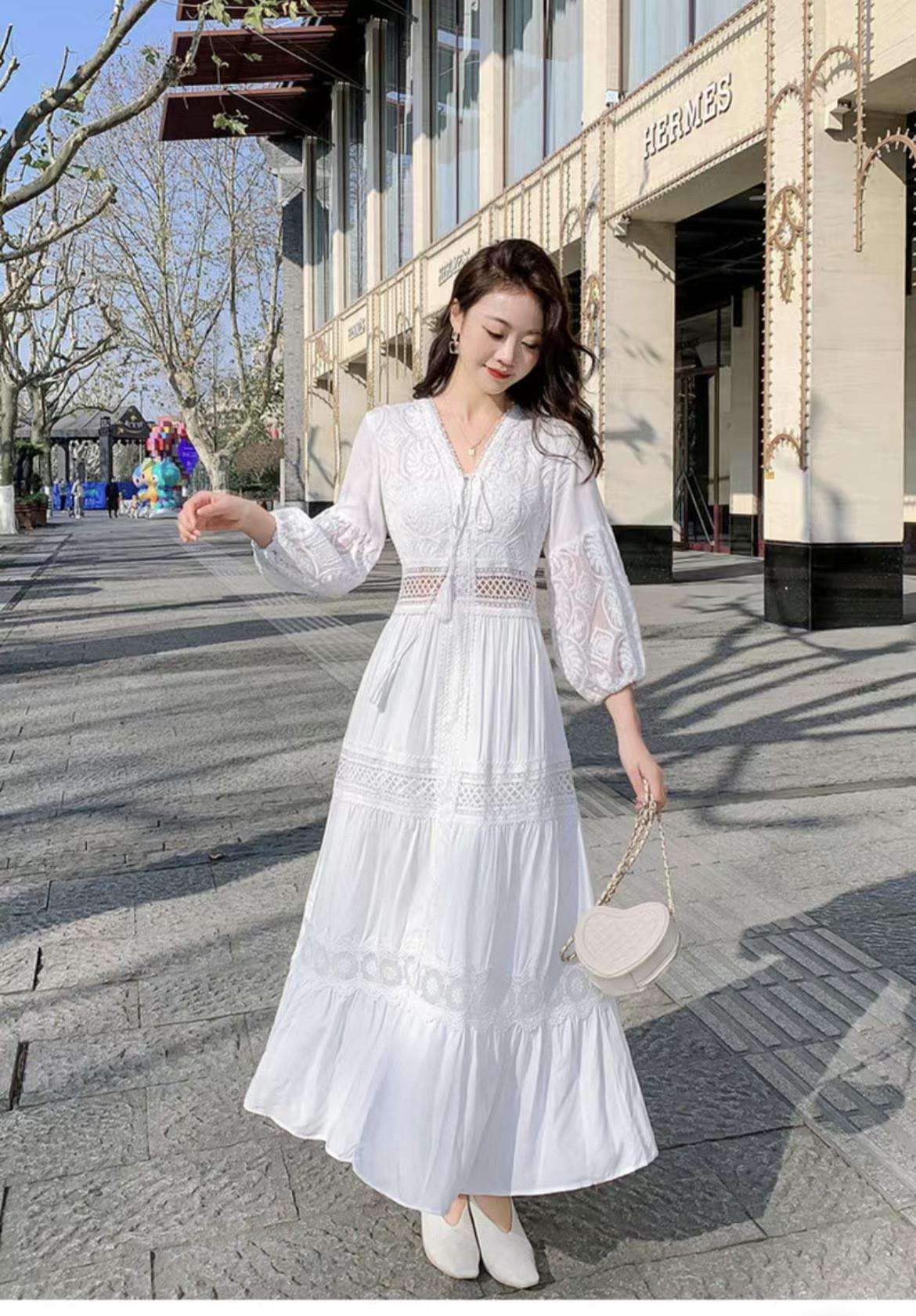 ロングワンピース シフォンレース リゾート マキシワンピース