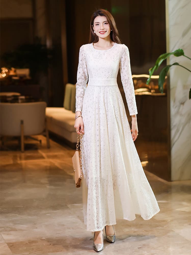 ロングワンピース レース 上品花柄レース マキシ丈ワンピース