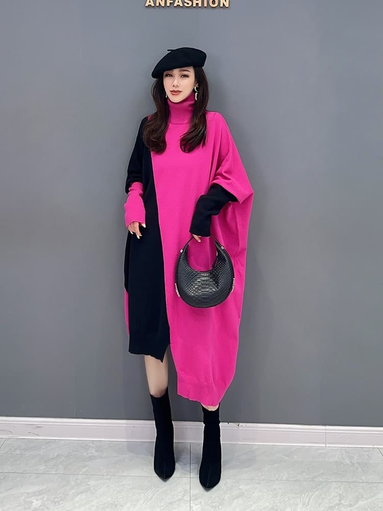 ロングワンピース タートルネック アシンメトリー配色ゆったりニットワンピース
