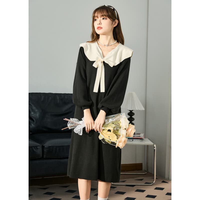 ロングワンピース ニット 襟リボン付き上品セーラー風ロングワンピース