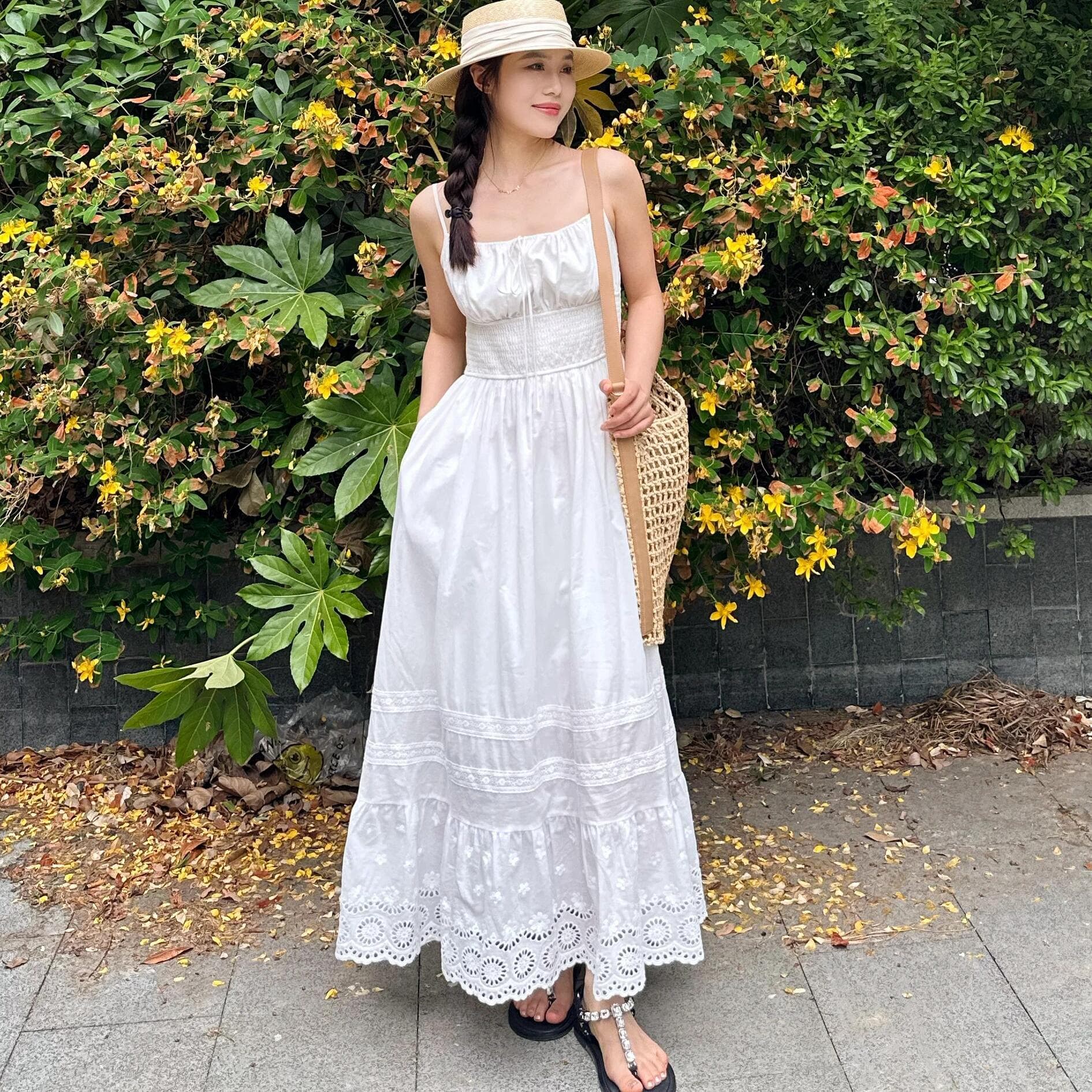 ロングワンピース レース 刺繍レース付きティアードワンピース