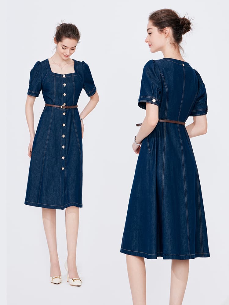 ワンピース デニム スクエアネック前開きデニムワンピース