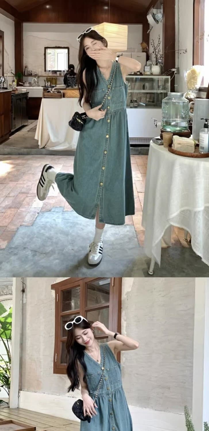 ロングワンピース デニムサロペット風ノースリーブワンピース