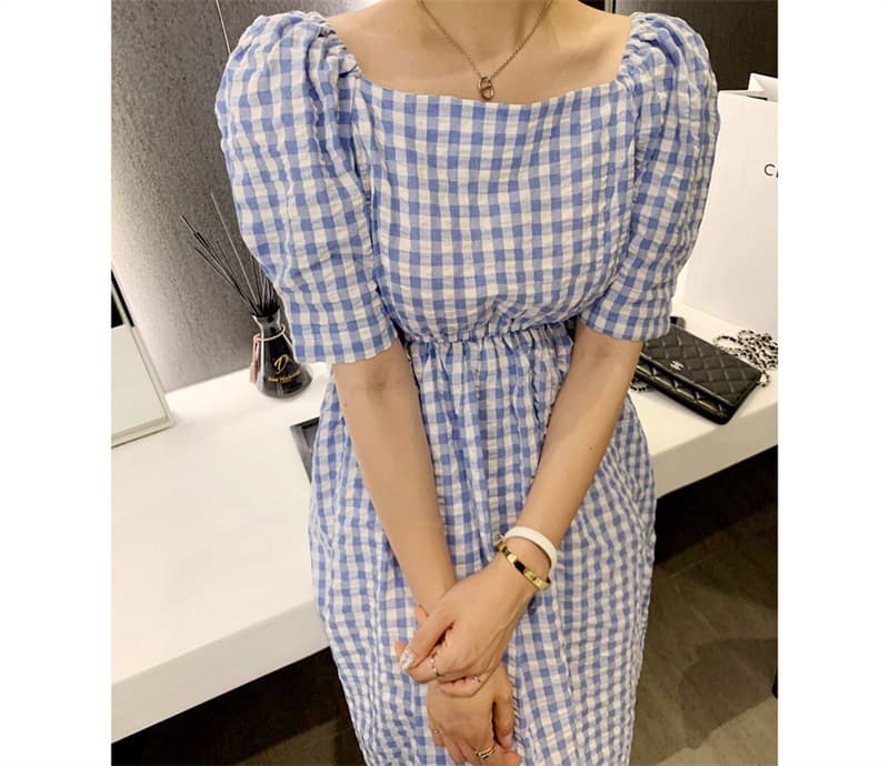 ロングワンピース 夏新作 ギンガムチェック パフスリーブ オフショルダー ノースリーブ ワンピース