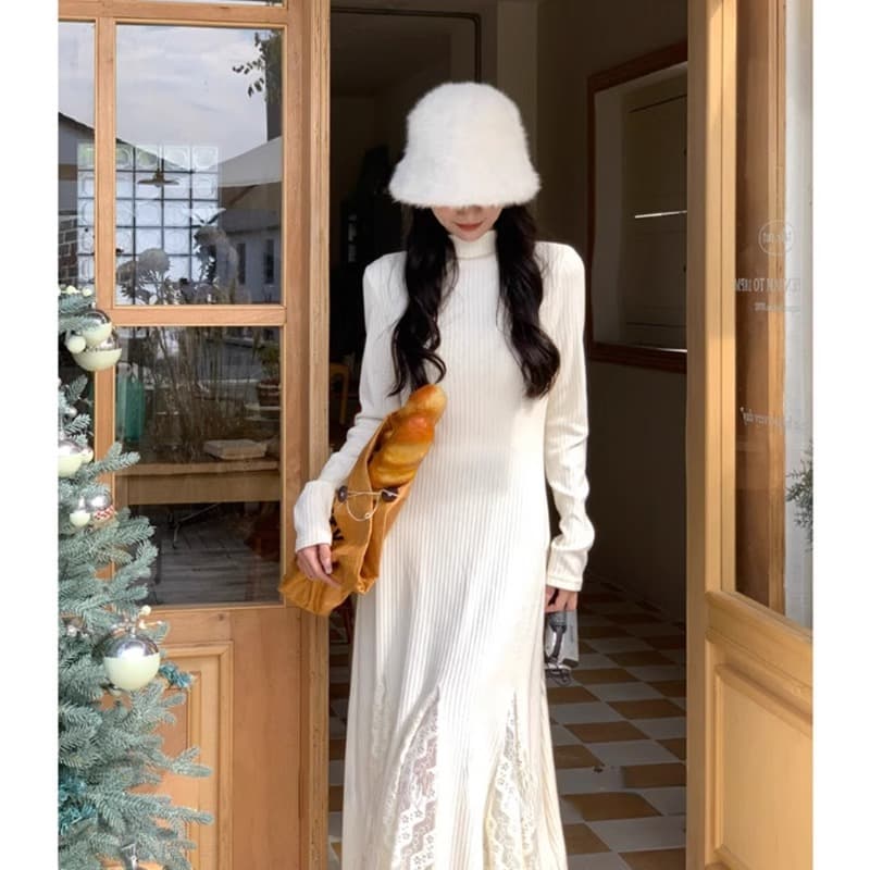 ロングワンピース ニット レース切替リブニットマキシワンピース