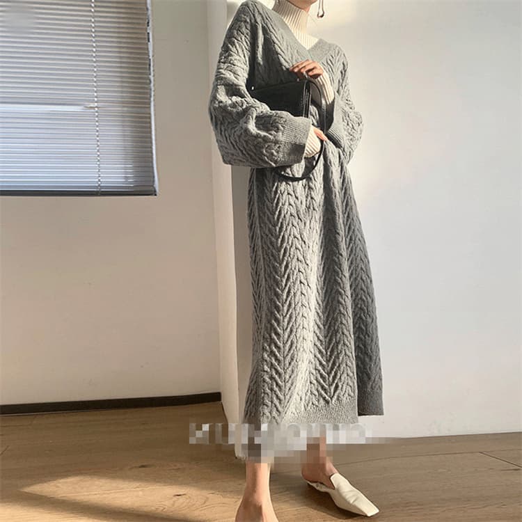 大きいサイズ ケーブル編み ニット ロングワンピース 秋冬 長袖