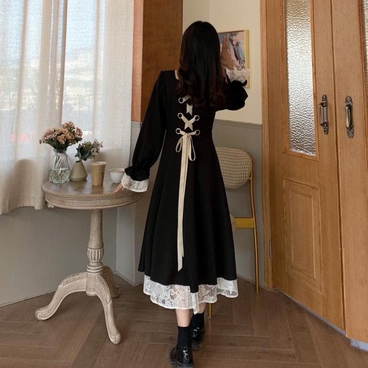 ロングワンピース 背中リボン レース切替 姫袖ワンピース