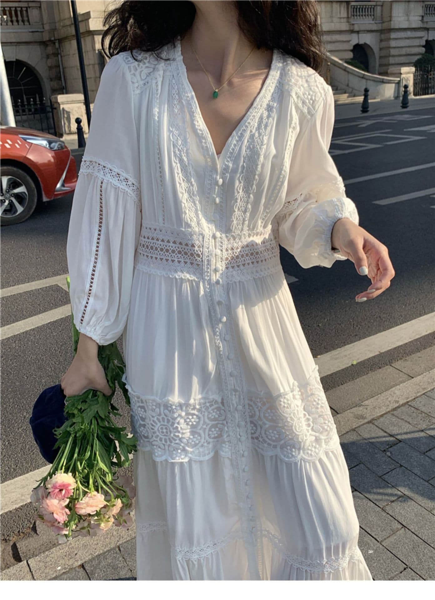 ロングワンピース 優美なレース切替フェミニンマキシワンピース