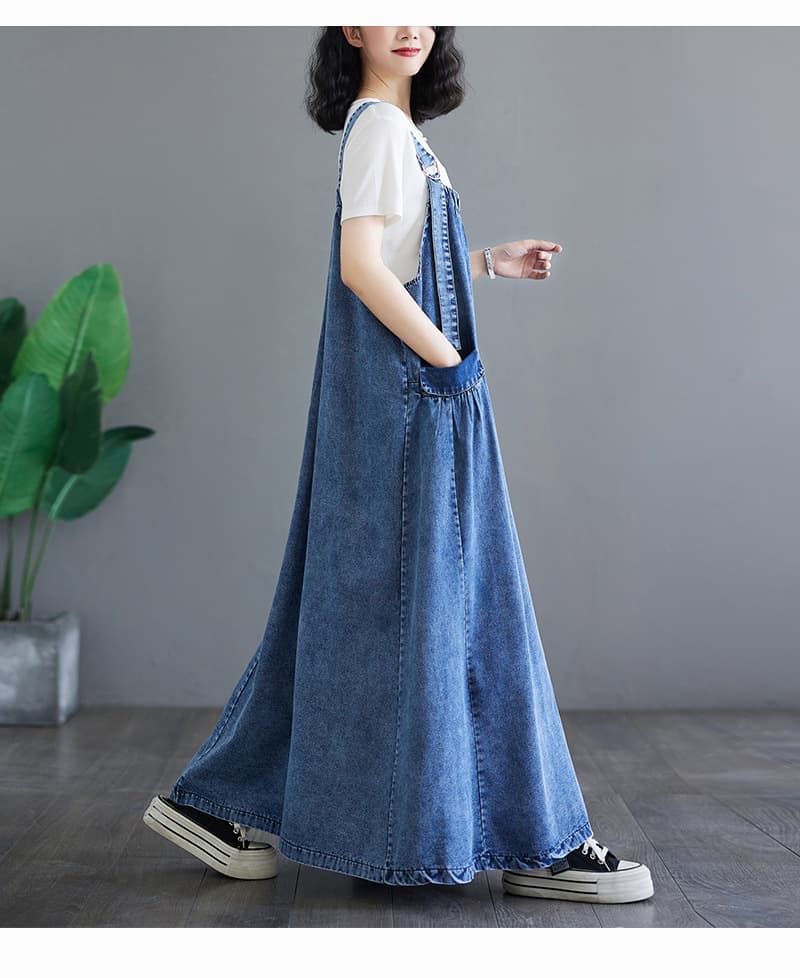 ロングワンピース ゆったりデニムサロペットワンピース