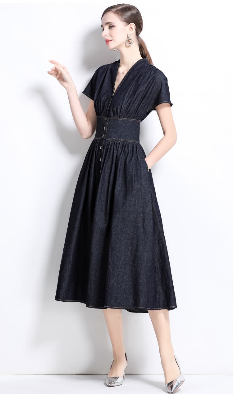 ロングワンピース 上品デニムワンピース女性用 大人可愛いロング丈