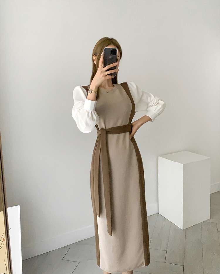 ロングワンピース 上品リボンデザイン スリーブ切替ワンピース