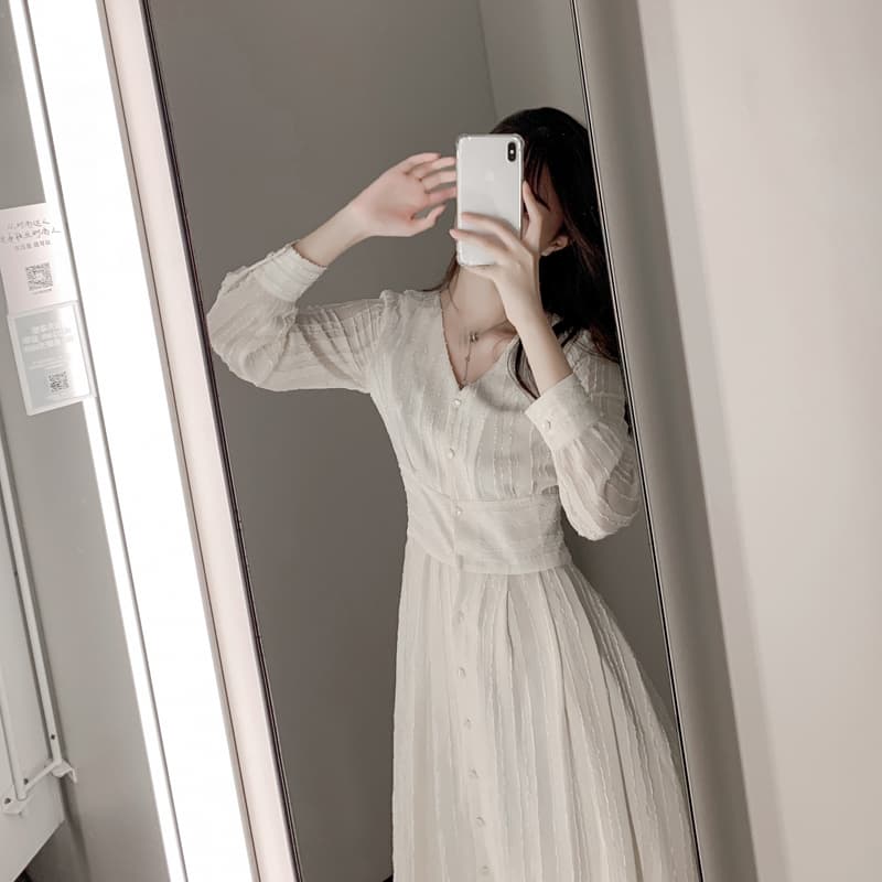 ロングワンピース シャツ ウエストマーク付きパフスリーブシャツワンピース