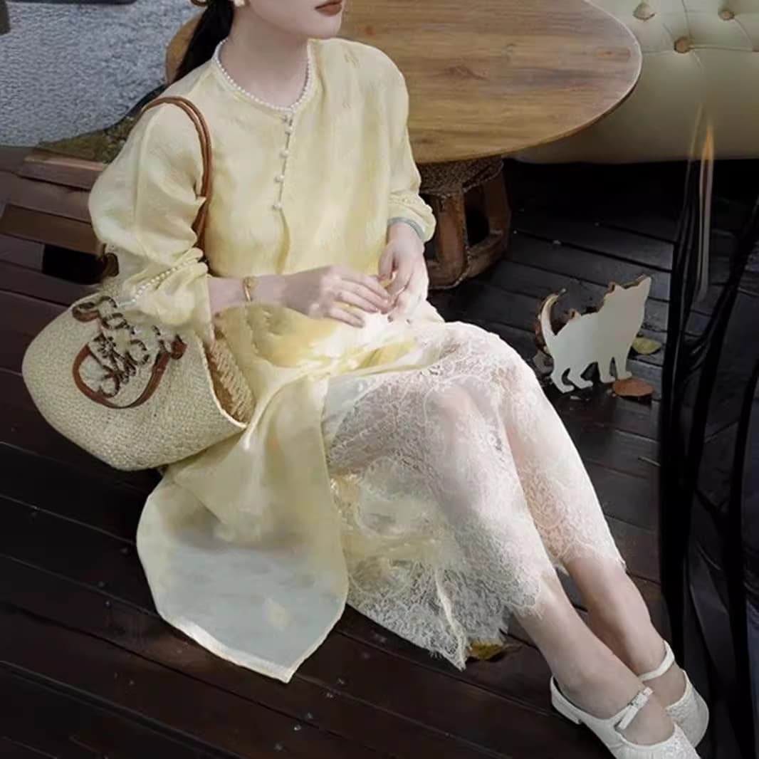 ロングワンピース 優美な花レースふんわり姫袖ワンピース