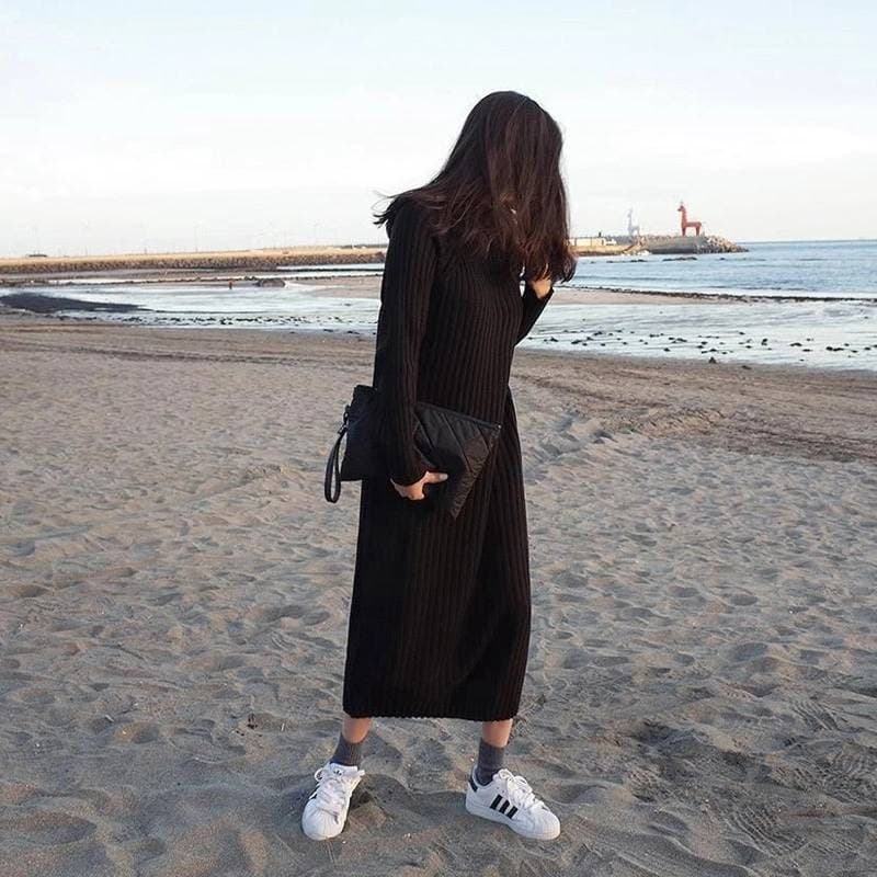 ロングワンピース お散歩リブニットロングワンピース