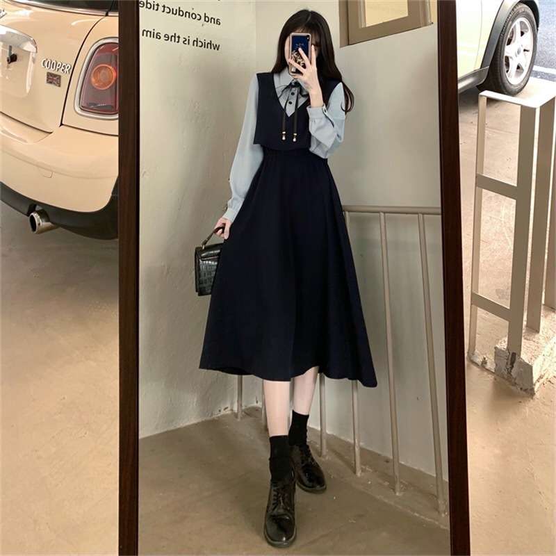 ロングワンピース 清楚感漂う リボン付き ベスト ワンピース