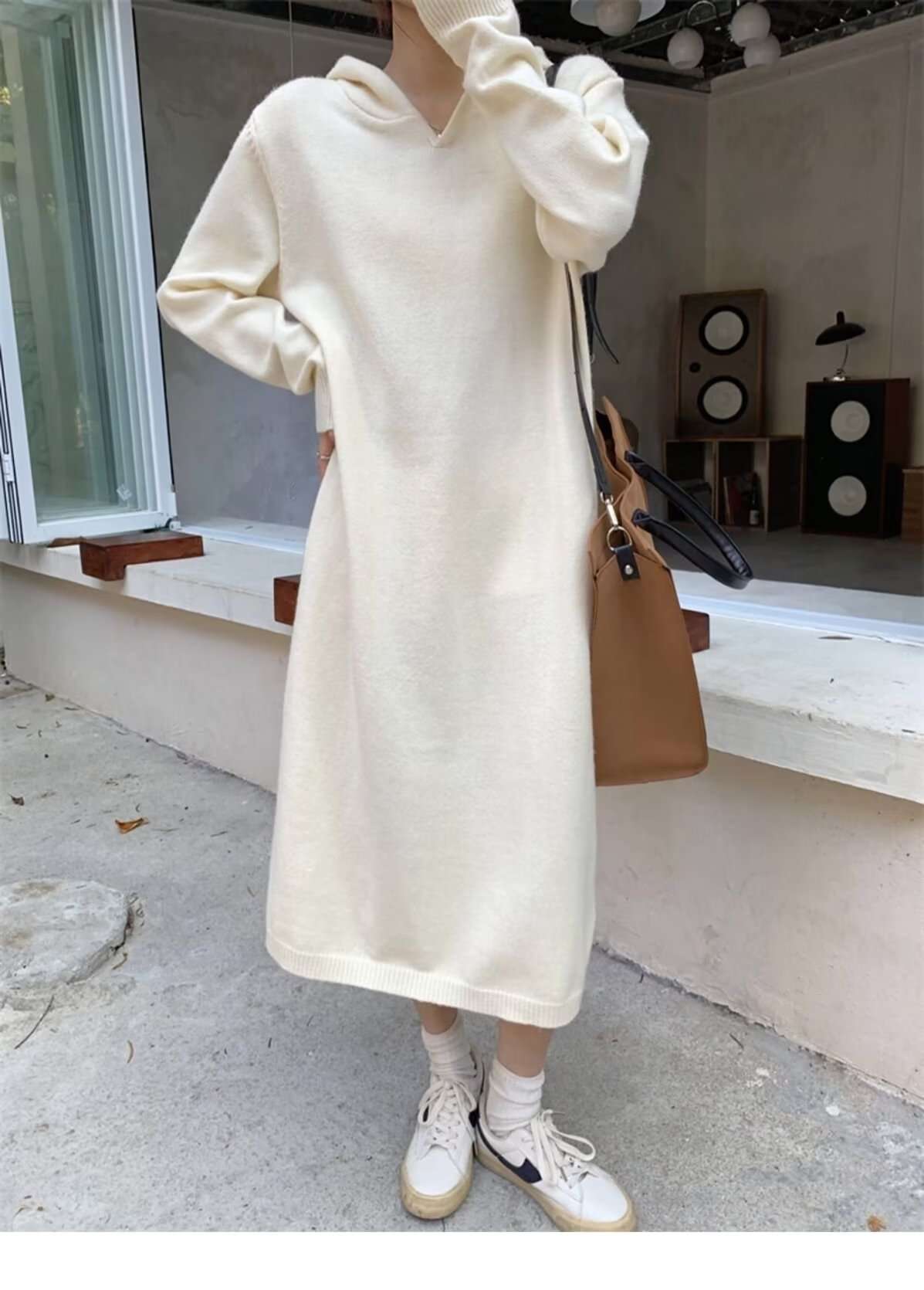 ロングワンピース カシミヤ混 リラックスフードワンピース