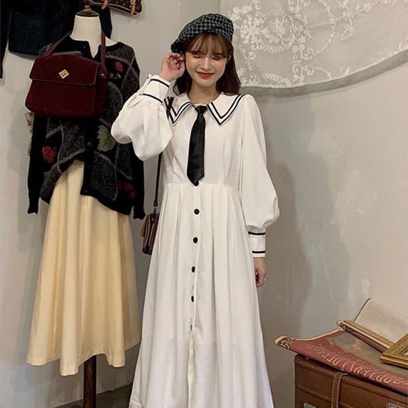 ロングワンピース シャツ セーラー襟ネクタイ付きロングシャツワンピース