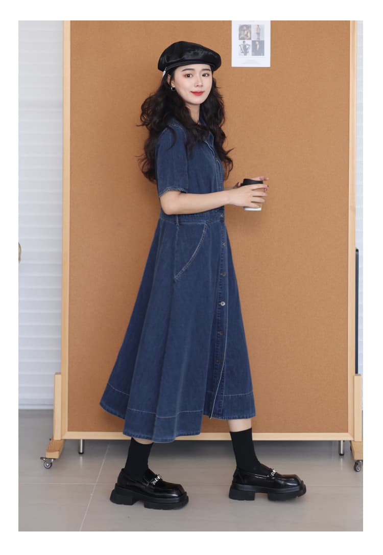 ワンピース デニム レトロ襟付き前開きデニムワンピース