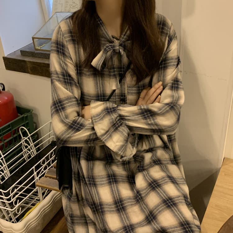 ロングワンピース 蝶結び付きチェック柄シャツワンピース レトロ風