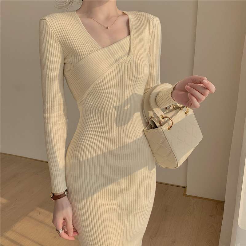 ロングワンピース 上質リブニット アシンメトリーネックワンピース