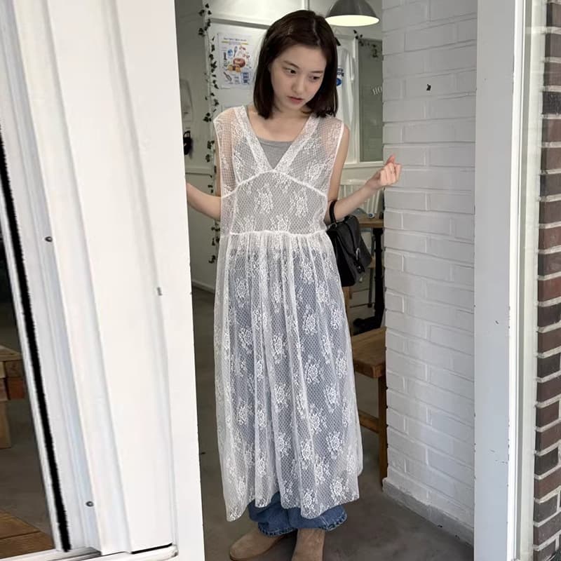 レース透け感ロングワンピース ノースリーブ ブイネック レディース
