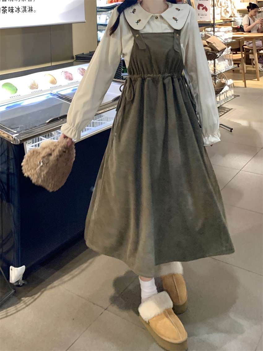 ロングワンピース ふんわり袖 コーデュロイジャンパースカート