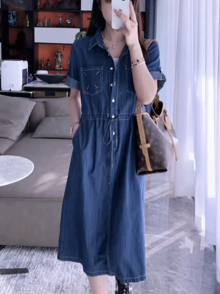 ロングワンピース デニム カジュアル前開きデニムワンピース