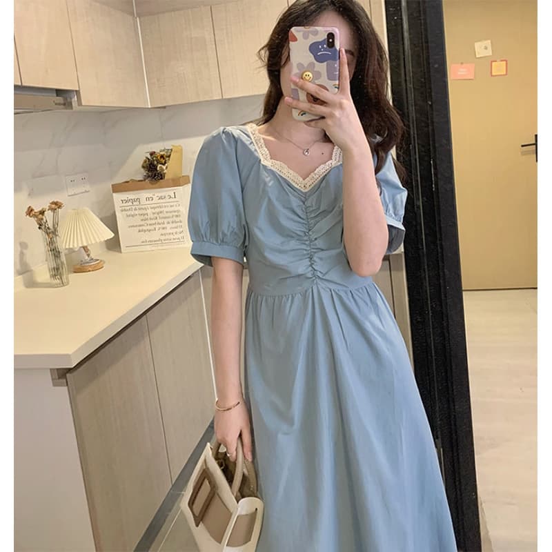 ロングワンピース シャツ レース襟付きパフスリーブシャーリングロングワンピース