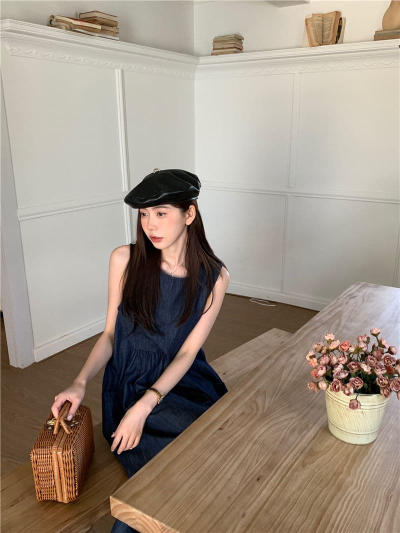 韓国風ノースリーブロングワンピース 体型カバー大人可愛い