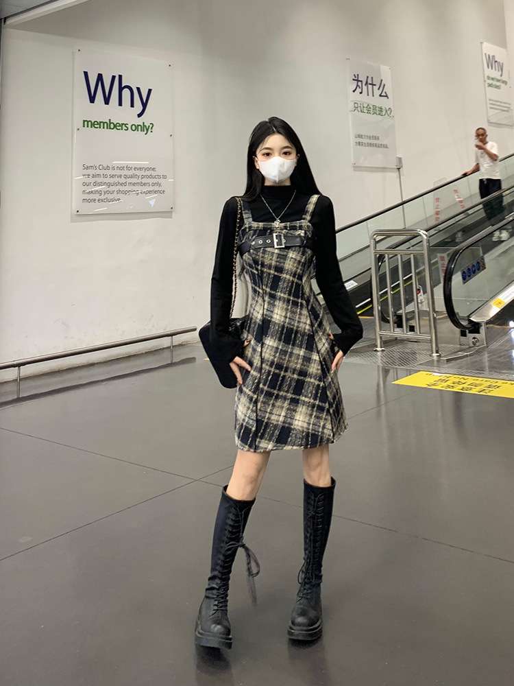 ロングワンピース レトロ調チェック柄ワンピース