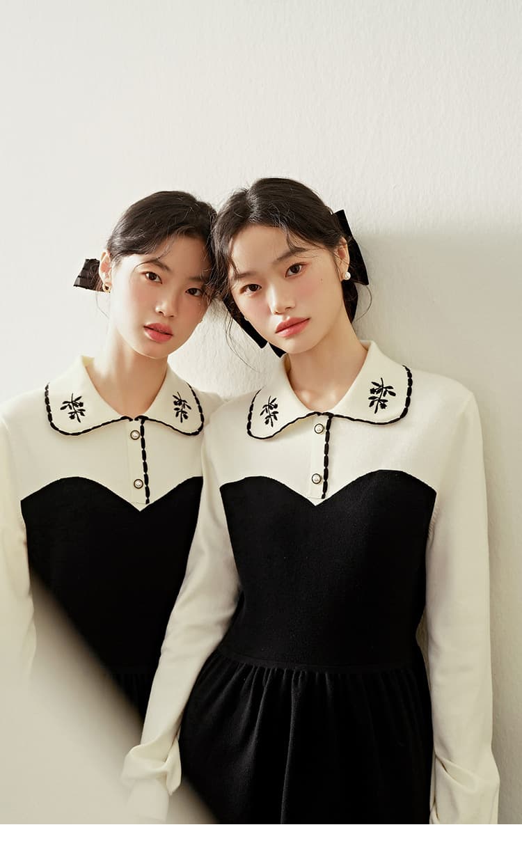 ロングワンピース フリル襟レトロニットワンピース