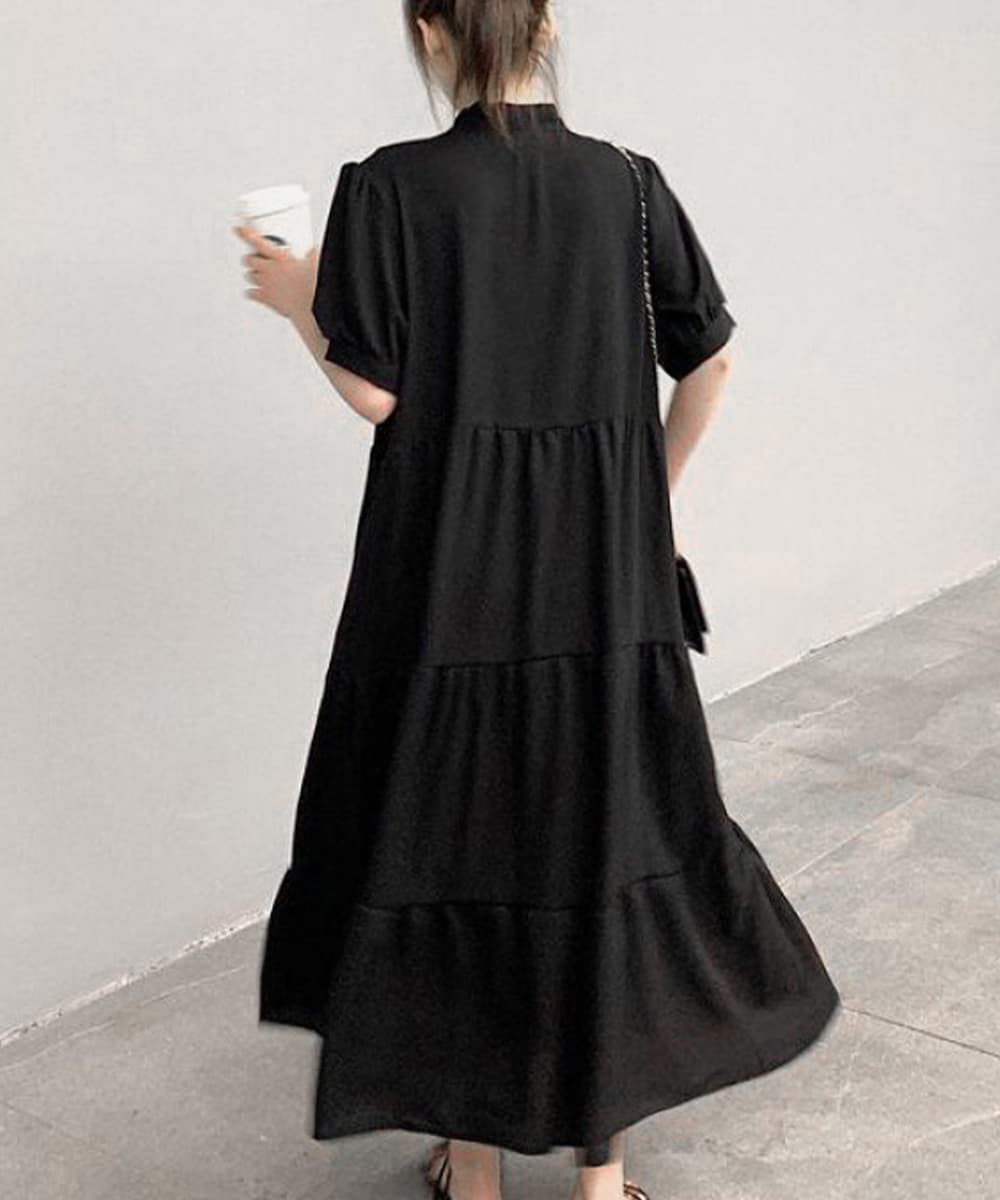 レース付きリボンタイ ティアードロングワンピース ミモレ丈