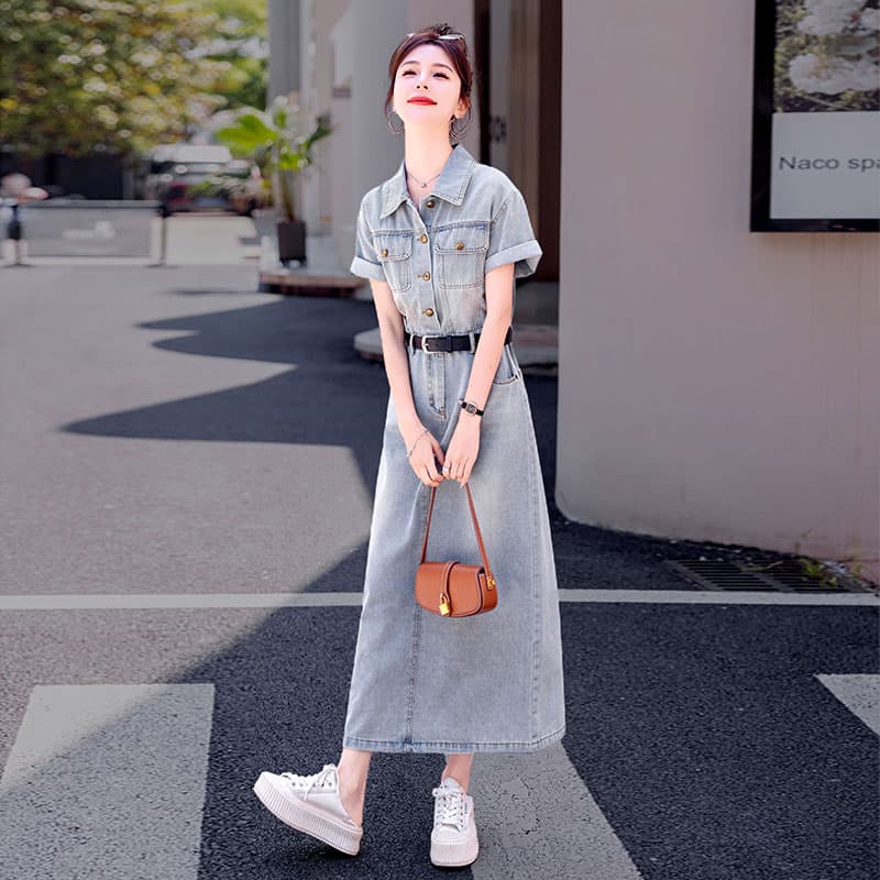 ロングワンピース デニム カジュアル襟付きロングデニムワンピース